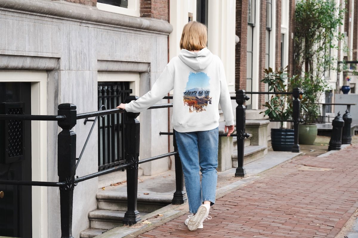 Eco-friendly organic cotton mountain design hoodie for outdoor enthusiasts