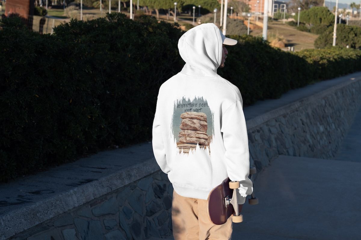 The Rock Organic Cotton Hoodie showing the bold rock formation design against natural cotton fabric texture