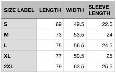 ADNW T-Shirts Size Chart
