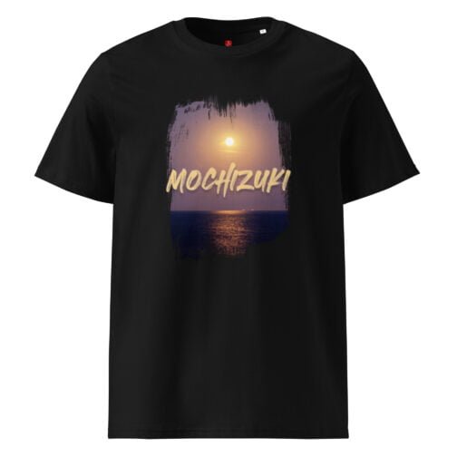 Rock our GOTS organic cotton t-shirt featuring a serene moonlit ocean with the mystical text "Mochizuki". Perfect for nature lovers and dreamers, this eco-friendly tee combines comfort and style.