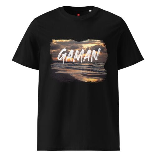 Embrace resilience with our GOTS organic cotton t-shirt, featuring a beautiful sunset beach scene and the empowering Japanese word "Gaman". Perfect for nature lovers and those who value inner strength.