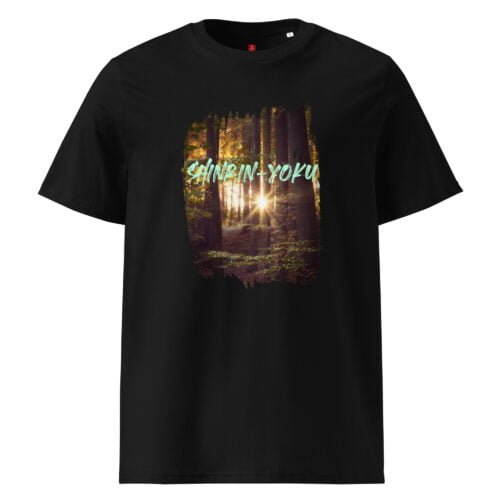 Embrace tranquility with our GOTS organic cotton t-shirt, featuring a serene forest scene and the calming Japanese concept "Shinrin-Yoku". Perfect for nature lovers and those seeking peace.