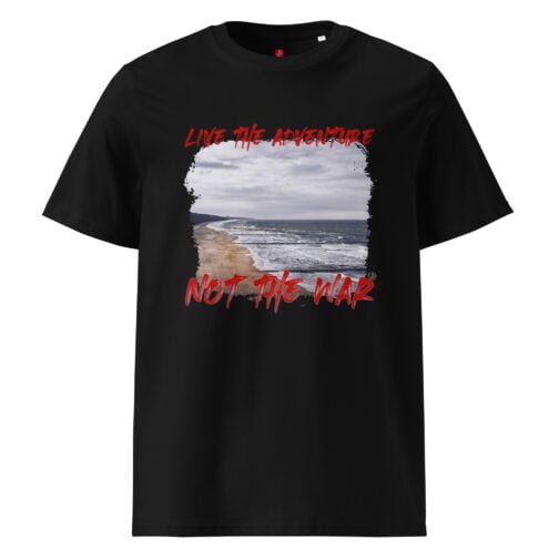 Embrace peace and excitement with our GOTS organic cotton t-shirt, featuring a dynamic beach scene and the powerful message "Live the Adventure, Not the War". Perfect for peace advocates and adventure seekers.