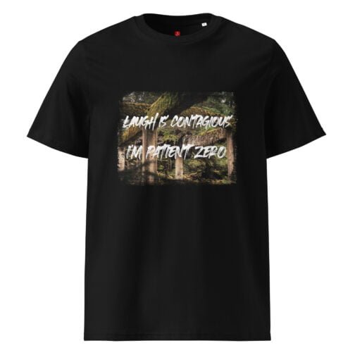 Spread joy with our GOTS organic cotton t-shirt, featuring a lush forest scene and the playful phrase "Laughter is Contagious, I'm Patient Zero". Perfect for those who love to share their laughter.