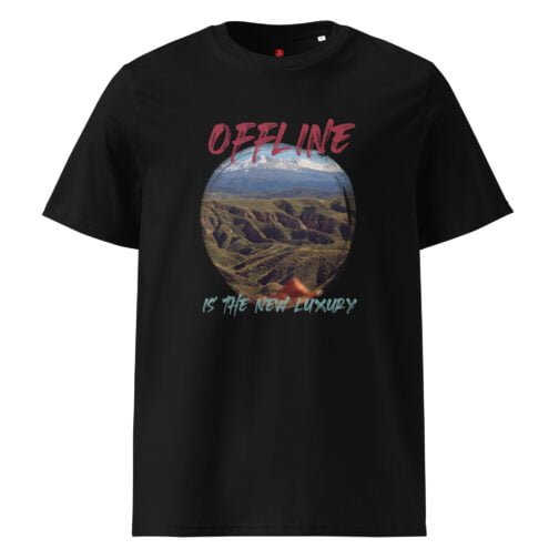 Disconnect in style with our GOTS organic cotton t-shirt, featuring a stunning mountain view and the phrase "Offline is the New Luxury". Perfect for nature lovers and those who value offline moments.