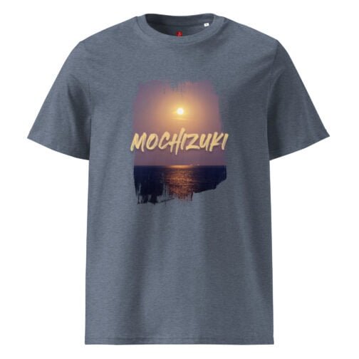 Rock our GOTS organic cotton t-shirt featuring a serene moonlit ocean with the mystical text "Mochizuki". Perfect for nature lovers and dreamers, this eco-friendly tee combines comfort and style.