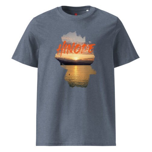 Rock our GOTS organic cotton t-shirt featuring a beautiful sunrise over the ocean with the word "Hinode". Perfect for nature lovers and early risers, this eco-friendly tee combines comfort and style.