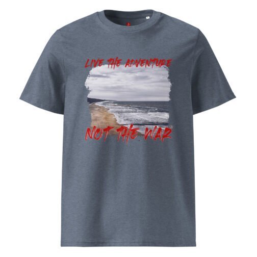 Embrace peace and excitement with our GOTS organic cotton t-shirt, featuring a dynamic beach scene and the powerful message "Live the Adventure, Not the War". Perfect for peace advocates and adventure seekers.