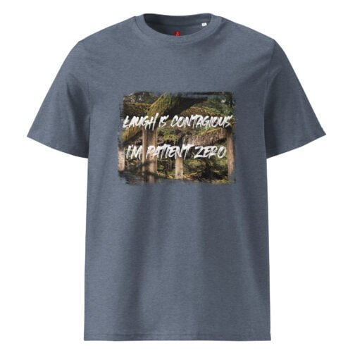 Spread joy with our GOTS organic cotton t-shirt, featuring a lush forest scene and the playful phrase "Laughter is Contagious, I'm Patient Zero". Perfect for those who love to share their laughter.