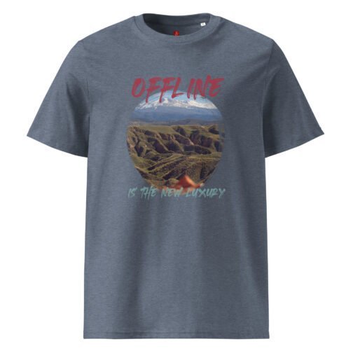 Disconnect in style with our GOTS organic cotton t-shirt, featuring a stunning mountain view and the phrase "Offline is the New Luxury". Perfect for nature lovers and those who value offline moments.