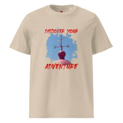 Rock our GOTS organic cotton t-shirt featuring a cool weather vane print with "Discover Your Adventure" text. Perfect for nature lovers and thrill-seekers, this eco-friendly tee combines comfort and style.