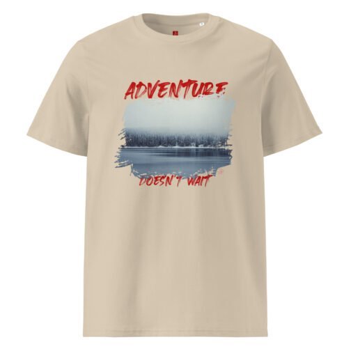 Rock our GOTS organic cotton t-shirt featuring a serene winter forest and the bold text "Adventure Doesn't Wait". Perfect for nature lovers and thrill-seekers, this eco-friendly tee combines comfort and style.