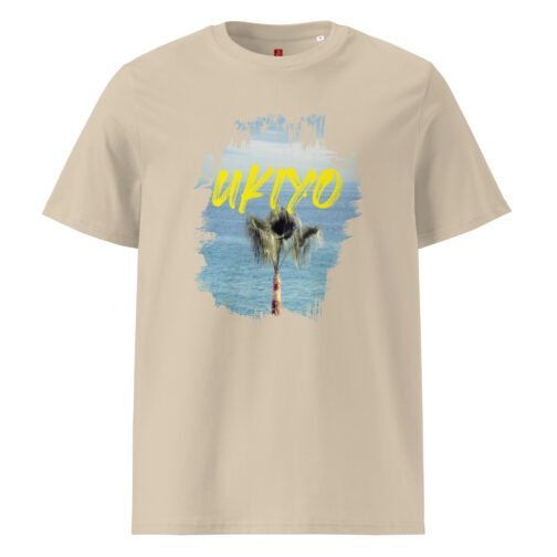 Embrace the fleeting beauty of the moment with our GOTS organic cotton t-shirt, featuring a serene palm tree by the ocean and the Japanese word "Ukiyo". Perfect for nature lovers and those who appreciate the present.