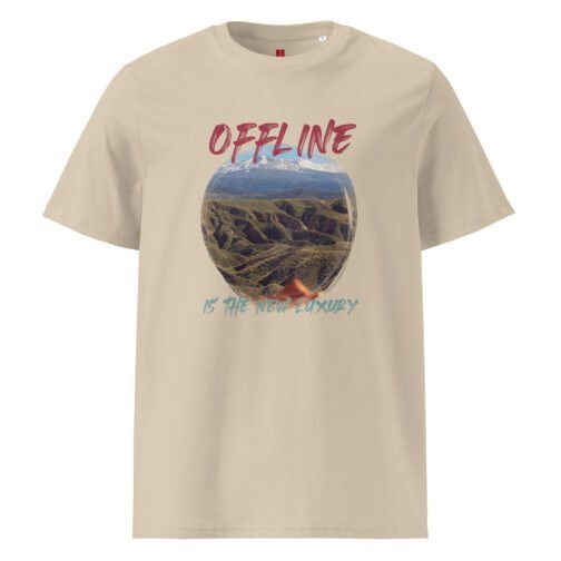 Disconnect in style with our GOTS organic cotton t-shirt, featuring a stunning mountain view and the phrase "Offline is the New Luxury". Perfect for nature lovers and those who value offline moments.