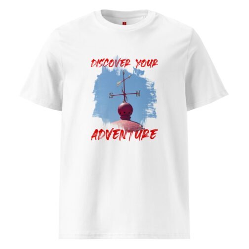 Rock our GOTS organic cotton t-shirt featuring a cool weather vane print with "Discover Your Adventure" text. Perfect for nature lovers and thrill-seekers, this eco-friendly tee combines comfort and style.