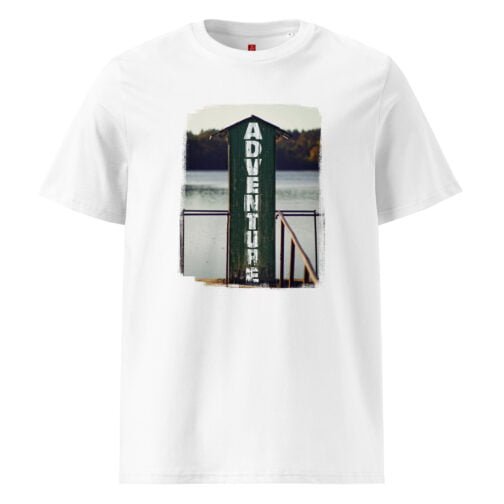 Rock our GOTS organic cotton t-shirt featuring a rustic cabin with bold "Adventure" text. Perfect for nature lovers and thrill-seekers, this eco-friendly tee combines comfort and style.