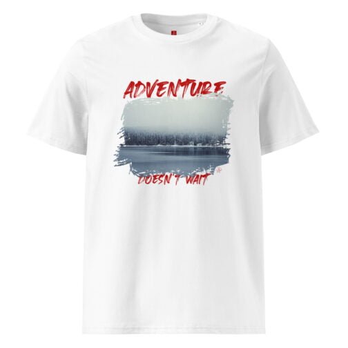 Rock our GOTS organic cotton t-shirt featuring a serene winter forest and the bold text "Adventure Doesn't Wait". Perfect for nature lovers and thrill-seekers, this eco-friendly tee combines comfort and style.