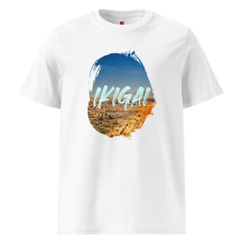 Discover your purpose with our GOTS organic cotton t-shirt, featuring a breathtaking desert landscape and the inspiring Japanese word "Ikigai". Perfect for seekers of depth and meaning.