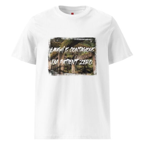 Spread joy with our GOTS organic cotton t-shirt, featuring a lush forest scene and the playful phrase "Laughter is Contagious, I'm Patient Zero". Perfect for those who love to share their laughter.