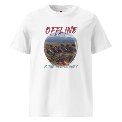 Disconnect in style with our GOTS organic cotton t-shirt, featuring a stunning mountain view and the phrase "Offline is the New Luxury". Perfect for nature lovers and those who value offline moments.