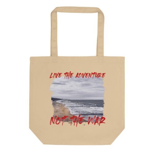 Live the Adventure with our sustainable beach tote, featuring a powerful peace message. 100% organic cotton, perfect for eco-conscious adventurers.