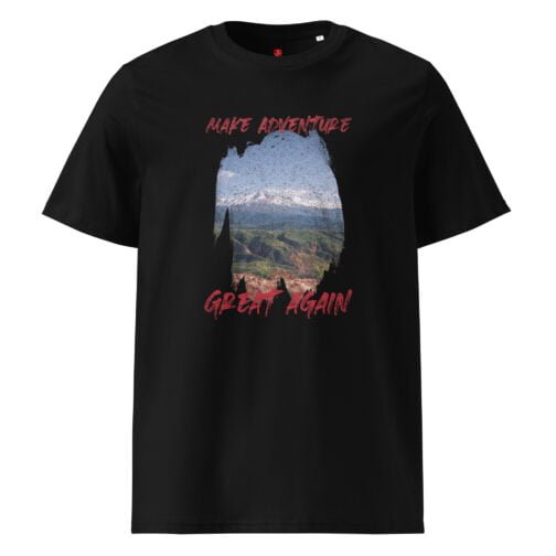 Reignite your passion for exploration with our GOTS organic cotton t-shirt, featuring a powerful mountain landscape and the bold statement “Make Adventure Great Again”. Perfect for adventure lovers.