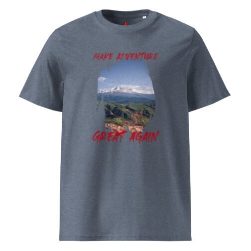 Reignite your passion for exploration with our GOTS organic cotton t-shirt, featuring a powerful mountain landscape and the bold statement “Make Adventure Great Again”. Perfect for adventure lovers.