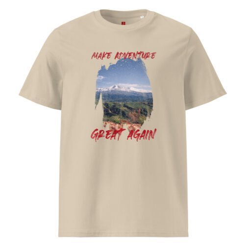 Reignite your passion for exploration with our GOTS organic cotton t-shirt, featuring a powerful mountain landscape and the bold statement “Make Adventure Great Again”. Perfect for adventure lovers.