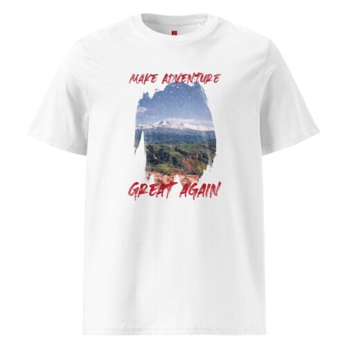 Reignite your passion for exploration with our GOTS organic cotton t-shirt, featuring a powerful mountain landscape and the bold statement “Make Adventure Great Again”. Perfect for adventure lovers.