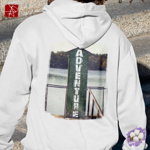 Unisex organic cotton hoodie with “Rustic Adventure Cabin” design and front pouch pocket – sustainable, GOTS certified, and eco-friendly fashion.