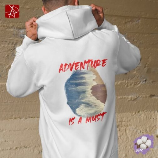 <p class="p1">Stay warm and eco-friendly with our unisex organic cotton hoodie, featuring the bold <b>“Adventure is a Must”</b> text over an ocean print and a front pouch pocket. GOTS certified and perfect for nature lovers.</p>