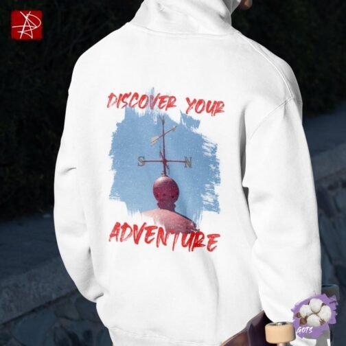 <p class="p1">Stay cozy and sustainable with our unisex organic cotton hoodie, featuring the <b>“Discover Your Adventure”</b> weather vane design and a front pouch pocket. GOTS certified and perfect for nature lovers.</p>