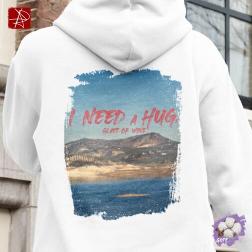 Unisex organic cotton hoodie with “I Need a Huge Glass of Wine” funny wine lover design and front pouch pocket – sustainable, GOTS certified, and eco-friendly fashion.