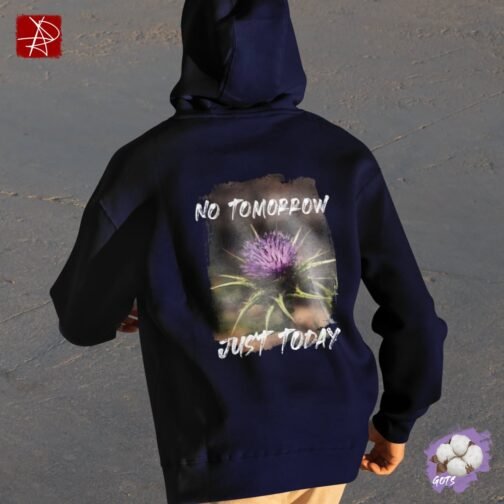 <p class="p1">Embrace the present moment with our unisex organic cotton hoodie featuring the <b>“No Tomorrow, Just Today”</b> thistle design and a front pouch pocket. GOTS certified and perfect for eco-conscious adventurers.</p>