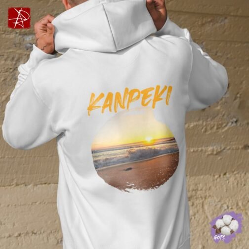 Unisex organic cotton hoodie with “Kanpeki” perfect sunset beach design and front pouch pocket – sustainable, GOTS certified, and eco-friendly fashion.