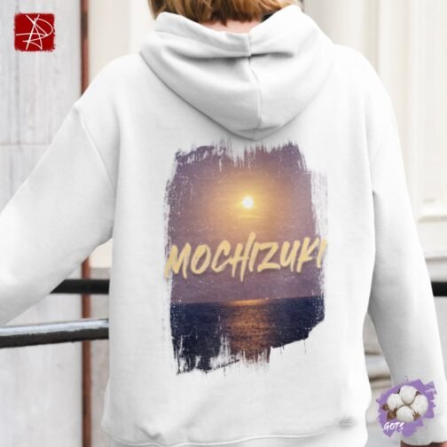 Unisex organic cotton hoodie with “Mochizuki” full moon and moonlit ocean design and front pouch pocket – sustainable, GOTS certified, and eco-friendly fashion.