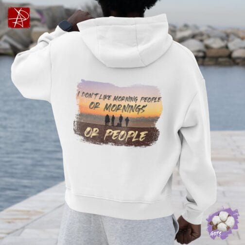 Unisex organic cotton hoodie with “I Don’t Like Morning People” sunset design and front pouch pocket – sustainable, GOTS certified, and eco-friendly fashion.