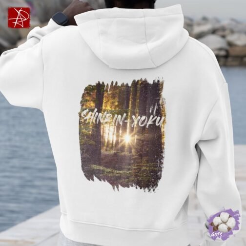 Unisex organic cotton hoodie with “Shinrin-Yoku” forest bathing design and front pouch pocket – sustainable, GOTS certified, and eco-friendly fashion.