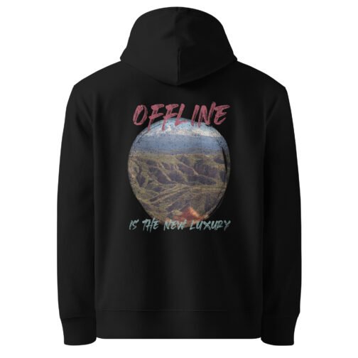 <p class="p1">Reconnect with nature in our unisex organic cotton hoodie, featuring the <b>“Offline is the New Luxury”</b> quote and mountain design. GOTS certified, ideal for eco-conscious adventurers.</p>