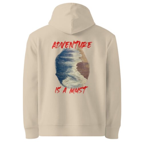 <p class="p1">Stay warm and eco-friendly with our unisex organic cotton hoodie, featuring the bold <b>“Adventure is a Must”</b> text over an ocean print and a front pouch pocket. GOTS certified and perfect for nature lovers.</p>