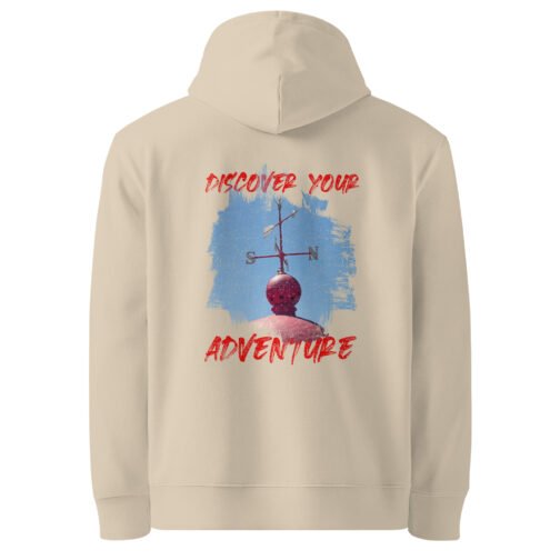 <p class="p1">Stay cozy and sustainable with our unisex organic cotton hoodie, featuring the <b>“Discover Your Adventure”</b> weather vane design and a front pouch pocket. GOTS certified and perfect for nature lovers.</p>