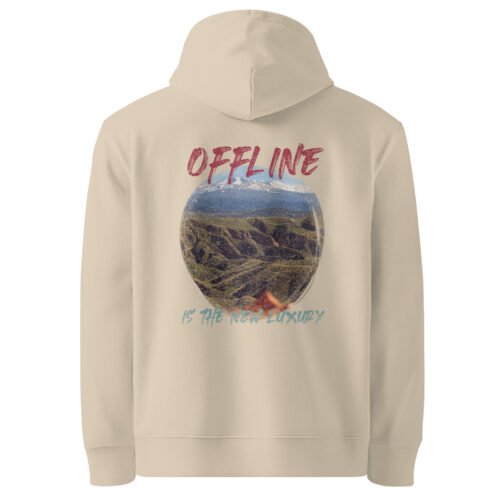 <p class="p1">Reconnect with nature in our unisex organic cotton hoodie, featuring the <b>“Offline is the New Luxury”</b> quote and mountain design. GOTS certified, ideal for eco-conscious adventurers.</p>