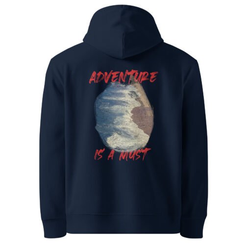 <p class="p1">Stay warm and eco-friendly with our unisex organic cotton hoodie, featuring the bold <b>“Adventure is a Must”</b> text over an ocean print and a front pouch pocket. GOTS certified and perfect for nature lovers.</p>