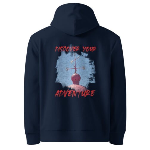 <p class="p1">Stay cozy and sustainable with our unisex organic cotton hoodie, featuring the <b>“Discover Your Adventure”</b> weather vane design and a front pouch pocket. GOTS certified and perfect for nature lovers.</p>