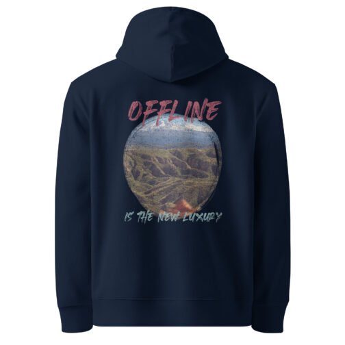 <p class="p1">Reconnect with nature in our unisex organic cotton hoodie, featuring the <b>“Offline is the New Luxury”</b> quote and mountain design. GOTS certified, ideal for eco-conscious adventurers.</p>