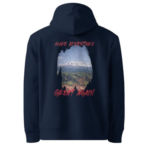 <p class="p1">Make a bold statement with our unisex organic cotton hoodie, featuring the <b>“Make Adventure Great Again”</b> mountain design and front pouch pocket. GOTS certified, ideal for eco-conscious adventurers.</p>