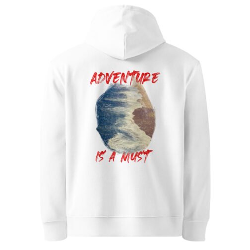 <p class="p1">Stay warm and eco-friendly with our unisex organic cotton hoodie, featuring the bold <b>“Adventure is a Must”</b> text over an ocean print and a front pouch pocket. GOTS certified and perfect for nature lovers.</p>