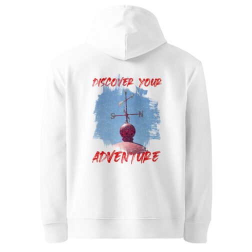 <p class="p1">Stay cozy and sustainable with our unisex organic cotton hoodie, featuring the <b>“Discover Your Adventure”</b> weather vane design and a front pouch pocket. GOTS certified and perfect for nature lovers.</p>