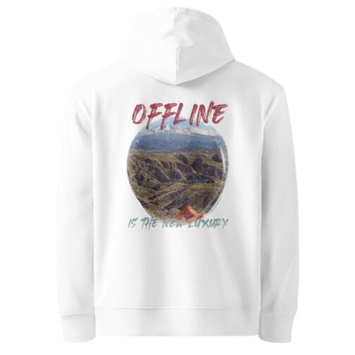 <p class="p1">Reconnect with nature in our unisex organic cotton hoodie, featuring the <b>“Offline is the New Luxury”</b> quote and mountain design. GOTS certified, ideal for eco-conscious adventurers.</p>